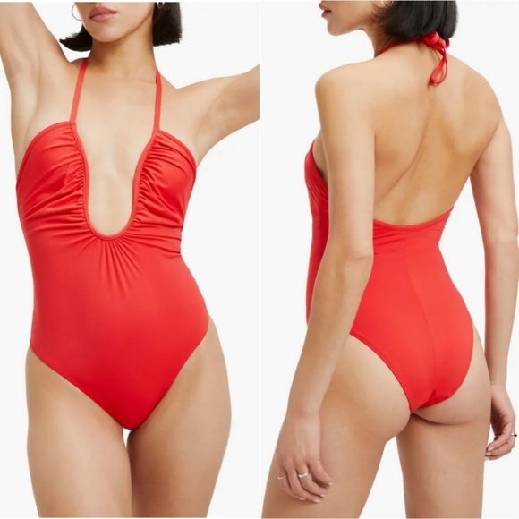 Good American NWT Leilani Halter Neck One Piece Swimsuit in Bright Red Size 0 XS - Picture 1 of 7